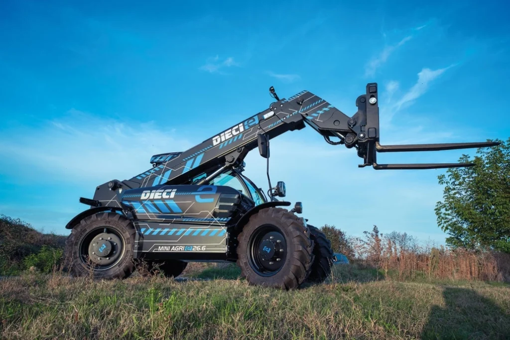 Image shows a Dieci Mini agri electric telehandler working on a farm in NSW
