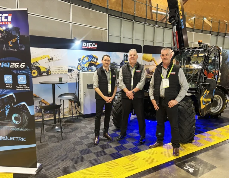 The team from Dieci Australia at the HIRE26 convention displaying the new Apollo-e 26.6 electric telehandler
