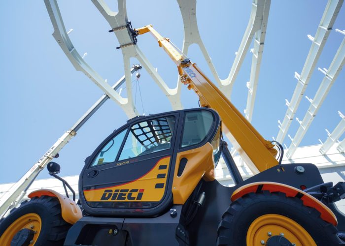 left side view of a Dieci Icarus 40.17 4T Telehandler with its boom raised working on a construction project in Sydney