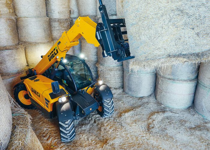 top down view of a Agri Farmer 30.9 3t Agricultural Telehandler moving hay bales in a farm shed in Sydney