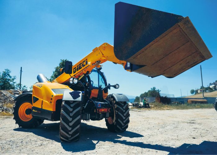 front right view of a Dieci Zeus 40.7 4T Telehandler with its bucket and boom raised in the air