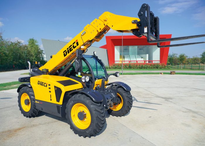 Front right side view of a Zeus 35.10 3.5T Telehandler with its forks and boom raised in the air
