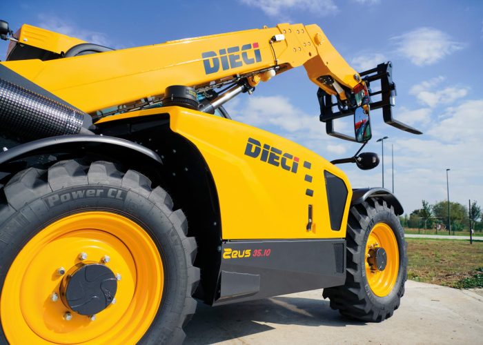 Right rear view of the Zeus 35.10 3.5T Telehandler with its boom with forks raised