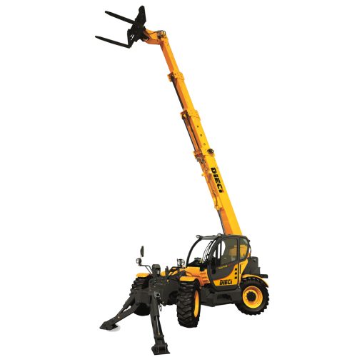 Dieci Icarus 40.17 4T Telehandler image with with the boom raised high in the air and the stabiliser feet deployed