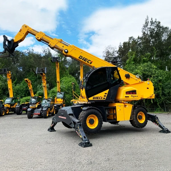 Image shows Dieci Pegasus rotational telehandlers on display for sale at a dealership in Australia