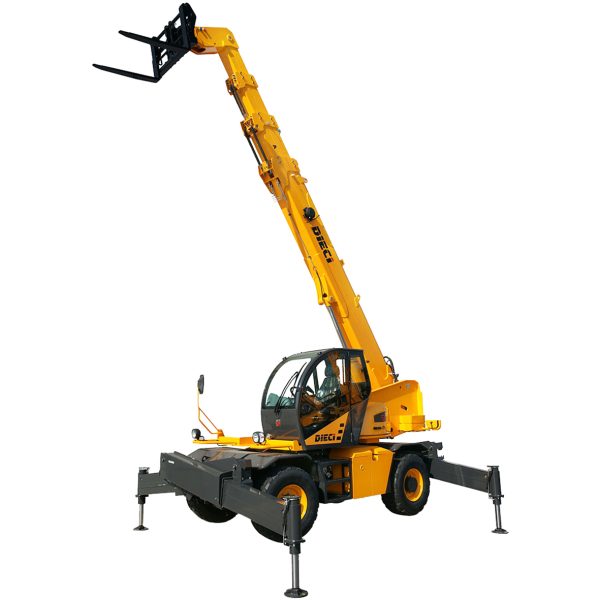 Dieci Pegasus 360° Rotating Telehandler with 4t lift capacity, with boom deployed and outriggers extended