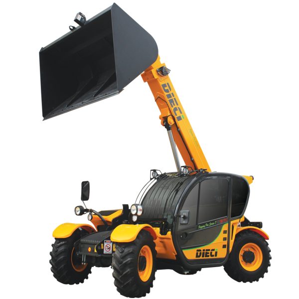 Piggery Pro 3t Telehandler with its boom raised equipped with bucket for sale in Melbourne