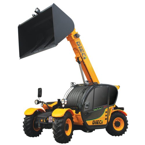 image shows the Dieci Poultry Pro 30.7 Telehandler with its boom and bucket raised