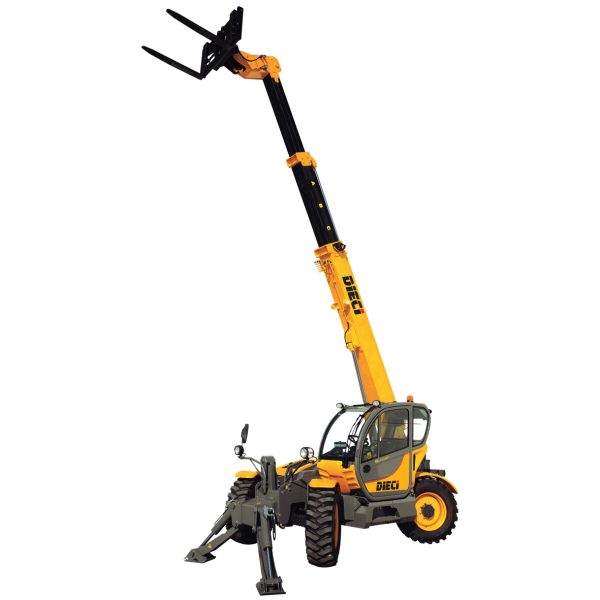 Dieci Runner 40.13 4T Telehandler with its boom raised in the air and stabiliser legs deployed
