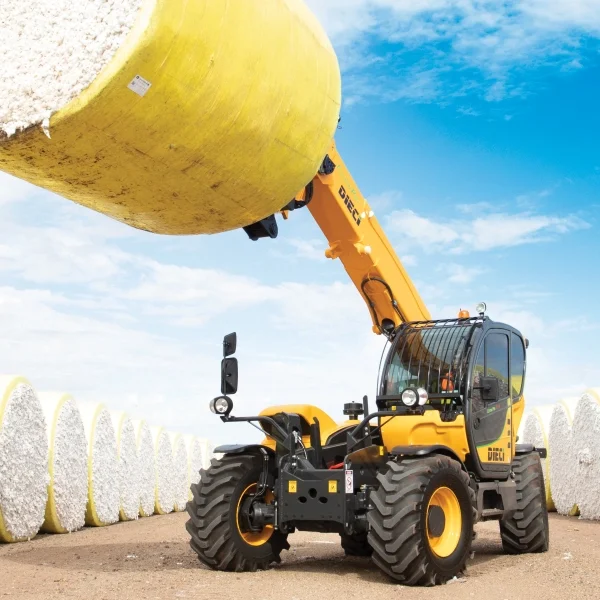 Image shows a specialised Dieci cotton pro telehandler moving a large heavy bail of cotton on an Australian Farm