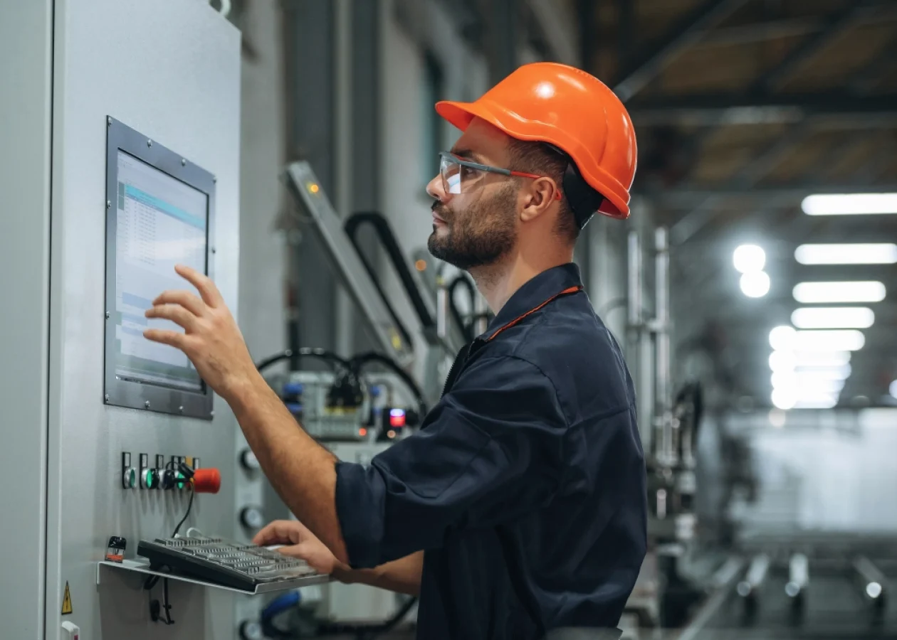 factory worker operating a machine to build dieci telehandlers and trucks