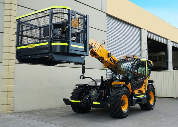 front left side view of a Dieci Zeus 33.11 3.3T Telehandler equipped with a man backet EWP