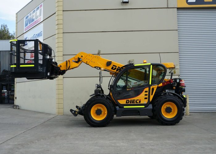 Left side view of a Dieci Zeus 33.11 3.3T Telehandler equipped with a man backet EWP platform and the boom raised