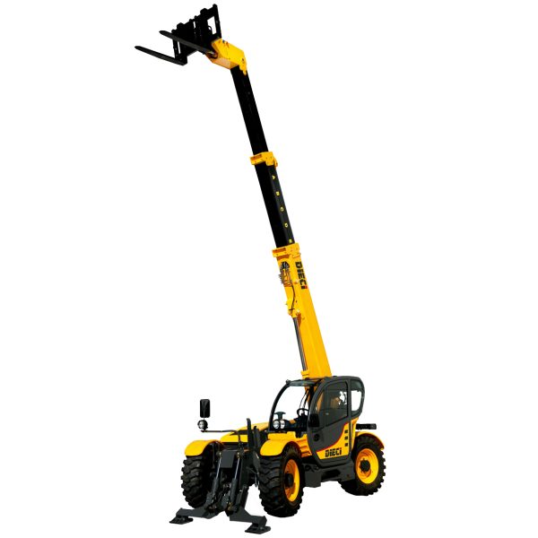 Dieci Zeus 33.11 3.3T Telehandler with a white background, and its boom raised in the air and stabilising feet extended