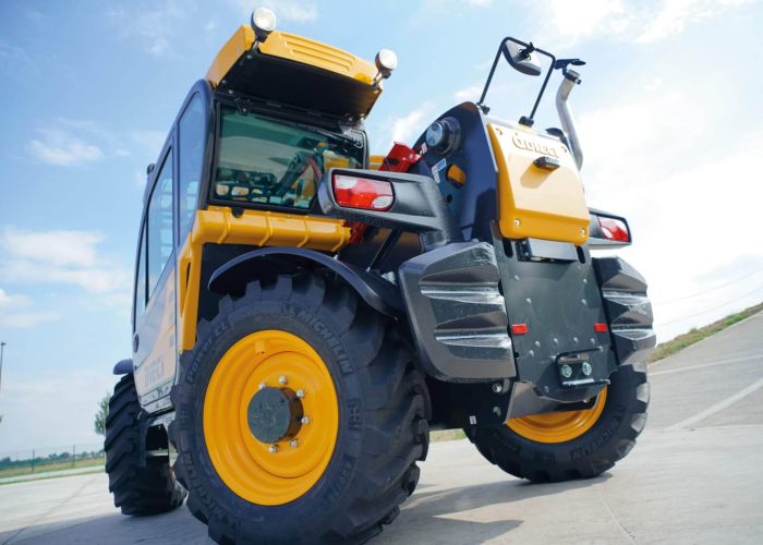 Rear view of the Zeus 38.10 3.8T Mining Telehandler showing its rear steering and 4 wheel steering