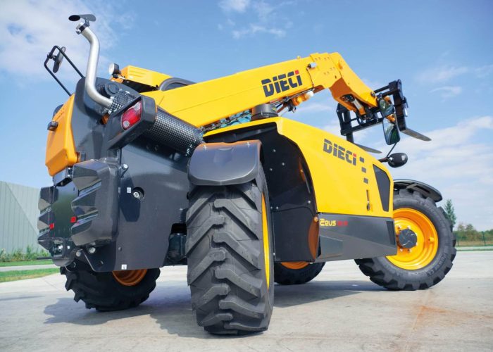 right rear view of the Zeus 38.10 3.8T Mining Telehandler showing its rear wheel steering
