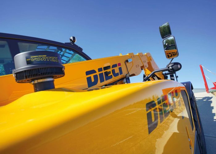 close up right side view of the Zeus 38.10 3.8T Mining Telehandler showing the Dieci logo and mirrors