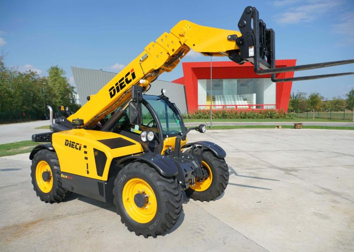front right view of the Zeus 38.10 3.8T Mining Telehandler with its boom and forks raised