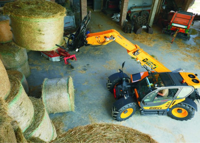 Dieci Haymaster 4t Agricultural Telehandler which is available for sale in Sydney, Melbourne, Brisbane and Perth can be seen placing hay bales in a farm shed in Australia