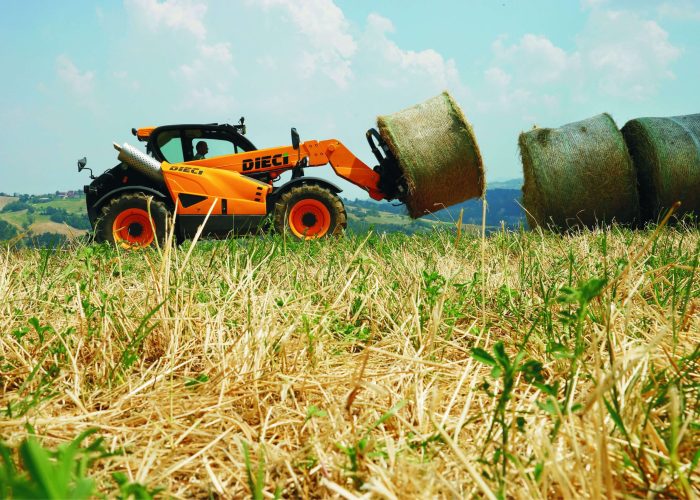 Dieci Haymaster 4t Agricultural Telehandler which is available for sale in Sydney, Melbourne, Brisbane and Perth can be seen moving hay bales on a farm in regional Australia