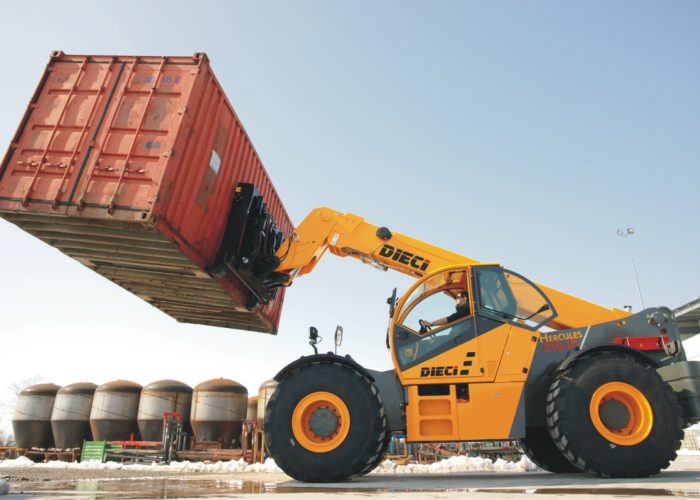 Dieci Hercules 190.10 19T Telehandler moving a heavy shipping container and lifting up to 19 tons