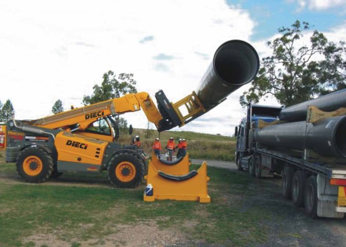 Dieci Hercules 210.10 21T Telehandler carrying a heavy pipe performing maintenance and construction tasks in a Sydney work site