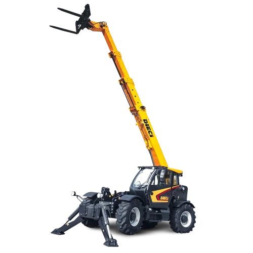 Dieci Icarus 45.17 GD telehandler with a 4.5t lift capacity with its boom raised and outriggers deployed