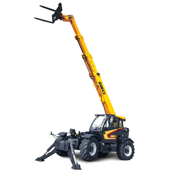 Dieci Icarus 45.17 GD telehandler with a 4.5t lift capacity with its boom raised and outriggers deployed