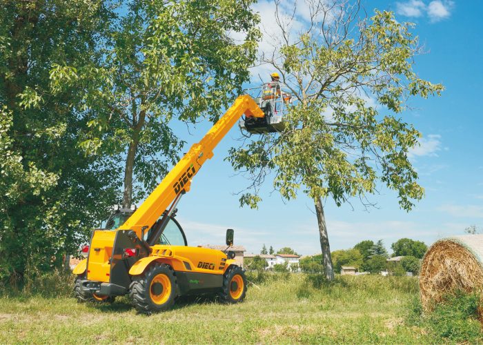 right side view of a Mini Agri 2.5t Agricultural Telehandler on an Australian farm equipped with a man backet EWP trimming trees