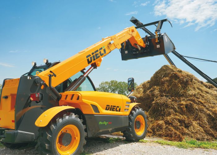 right side view of Mini Agri 2.5t Agricultural Telehandler moving hay and fodder on a New South Wales (NSW) farm site
