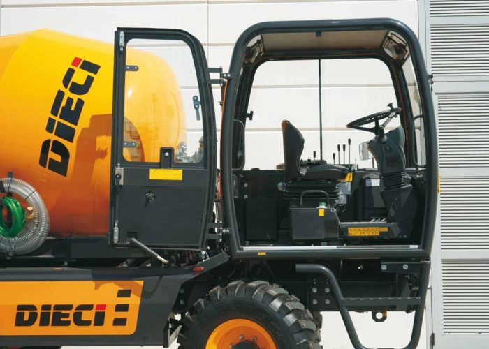 L4700T Concrete Mixer Truck Cab with the door open showing the drivers cab, seat, and steering wheel