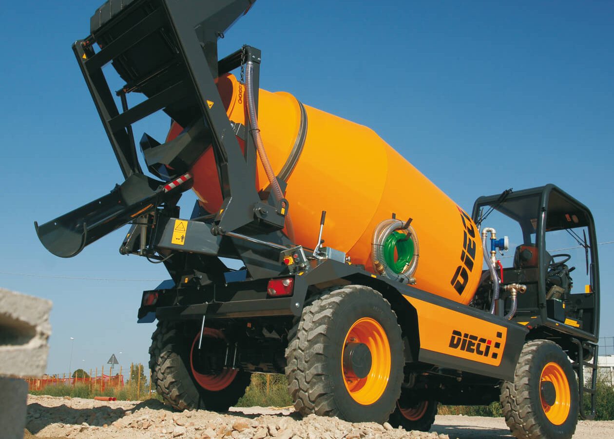 Dieci Concrete mixer truck, set on a construction site with rubble.
