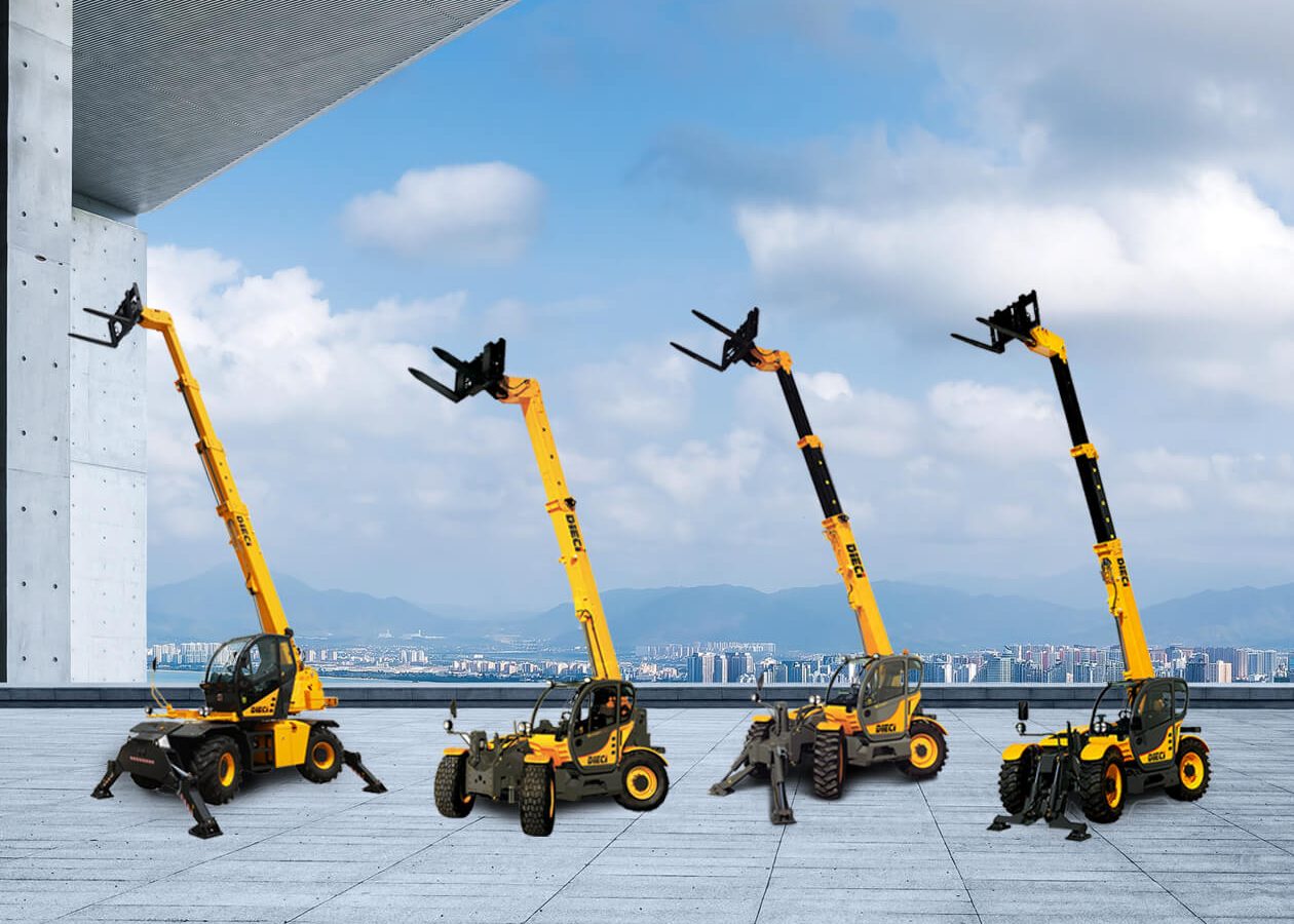 Four Dieci telehandlers in a row on a concrete surface, under a blue sky with clouds.