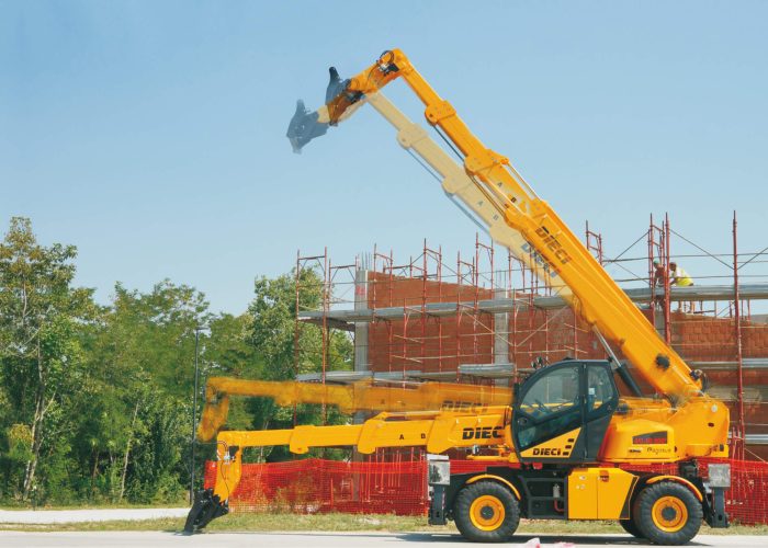 Dieci Pegasus 400° 3.8t Rotating Telehandler on a work site moving building materials on construction sites in Sydney, Australia