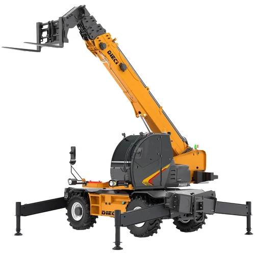 Pegasus 6t rotating telehandler with its boom raised and its outriggers deployed