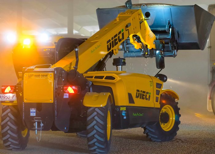 right rear view of a Poultry Pro 3t Telehandler with its boom raised