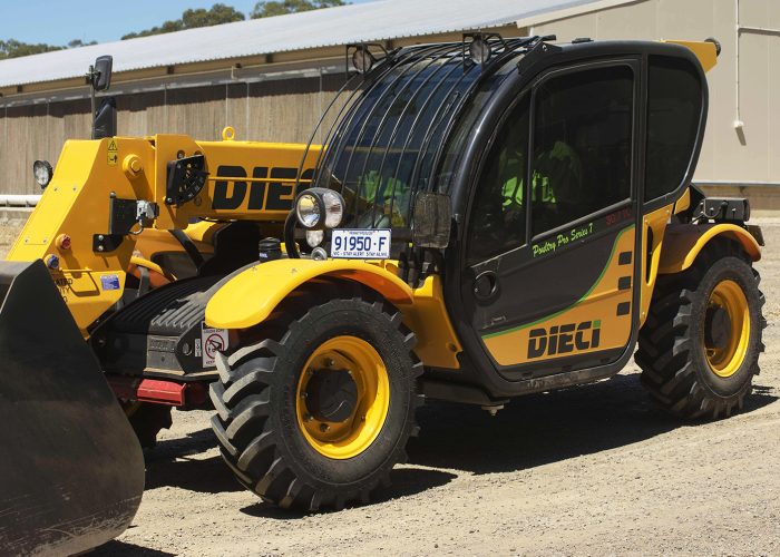 left side view of a Poultry Pro 3t Telehandler which can lift 3 tonnes on Australian poultry farms